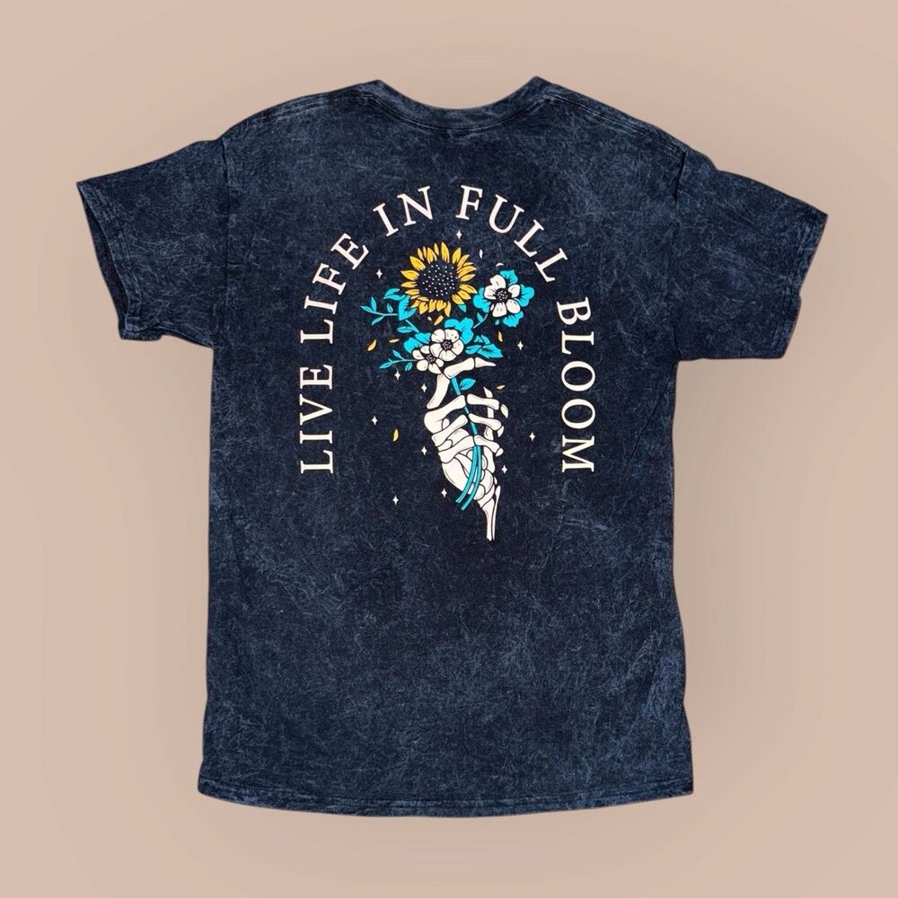 Bowery Supply Co Live Life In Full Bloom Skull Flowers Tee Black Sz M